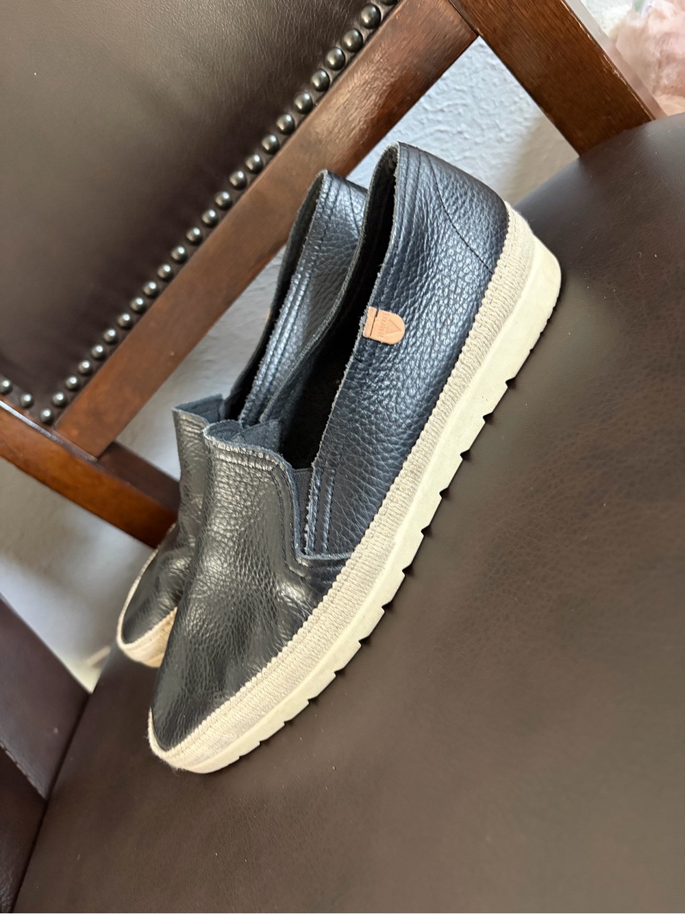 Black Leather Slip-On Espadrille Flats